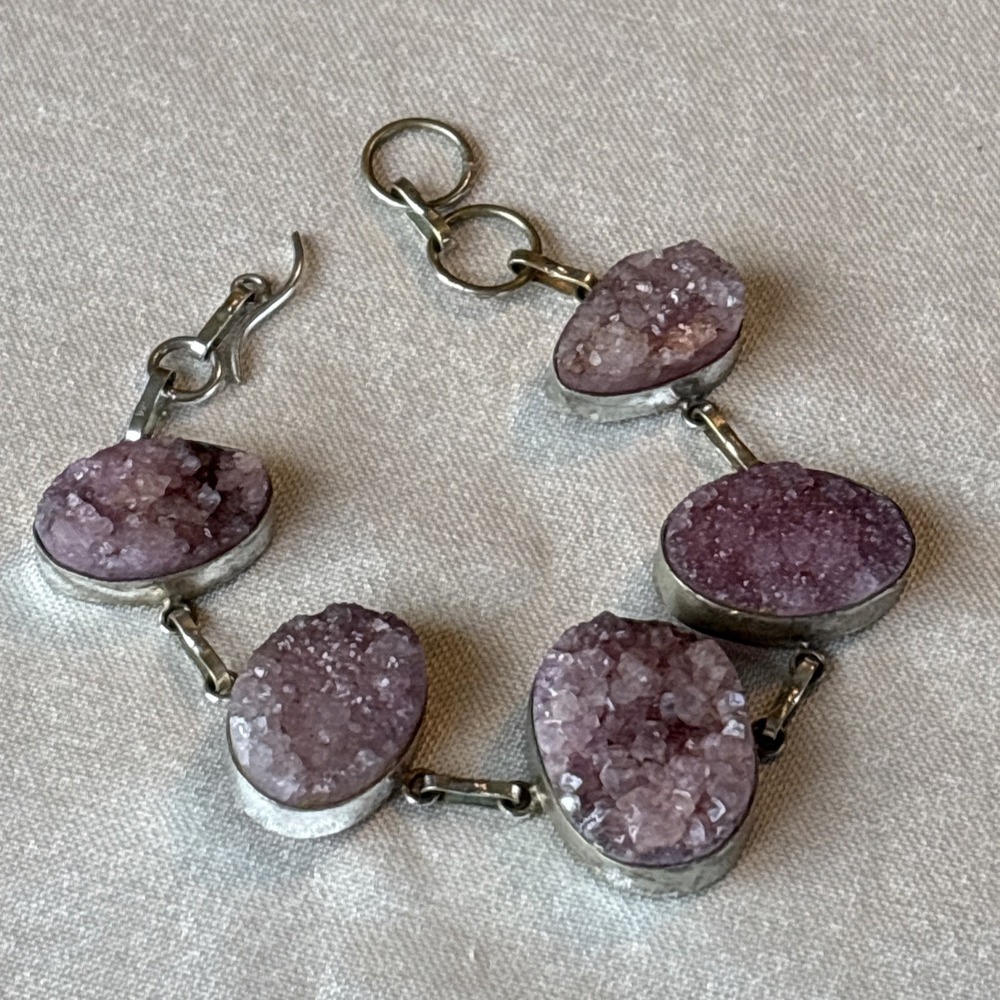 Purple Druzy Link Silver Bracelet 7" Toggle Clasp Statement Boho